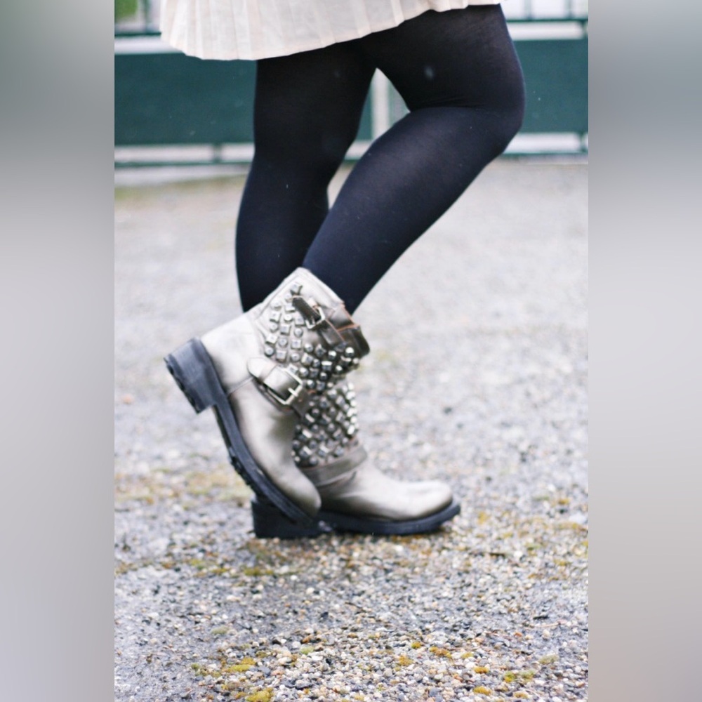 Ash Blingy Combat Ryanna Gun Metal Metallic 100% Leather Boots Y2K Grunge